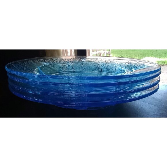 Vintage Kig Ice Blue Pressed Glass Dishes: Poinsettia Design, Set of 12 - Picture 6 of 8